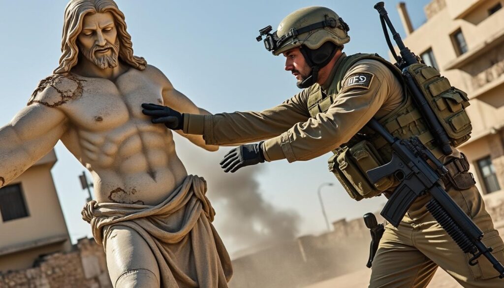 tsahal confirme l'identité du soldat présent sur la photo polémique où il frappe une statue de jésus, dans le contexte tendu du conflit au moyen-orient.
