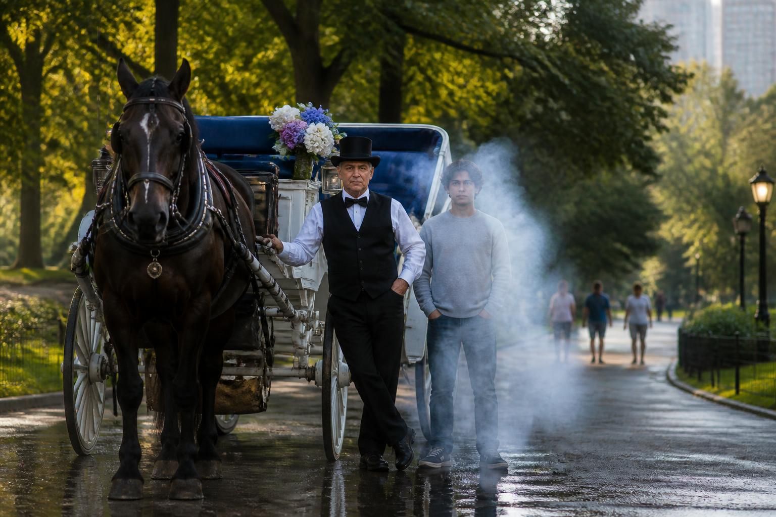 dans central park, un cocher fait une pause pour une photo, mais un jeune passager de 18 ans disparaît mystérieusement. découvrez les détails intrigants de cette disparition.