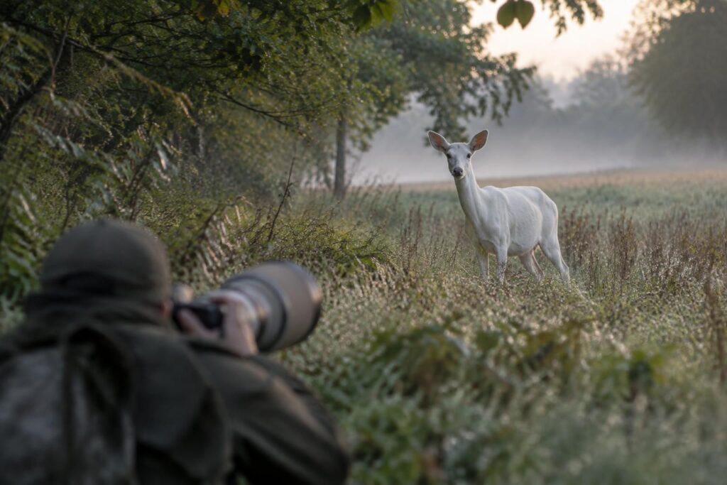 près de montmirail, marc bérat a de nouveau photographié un chevreuil blanc, un animal d’une rareté exceptionnelle.